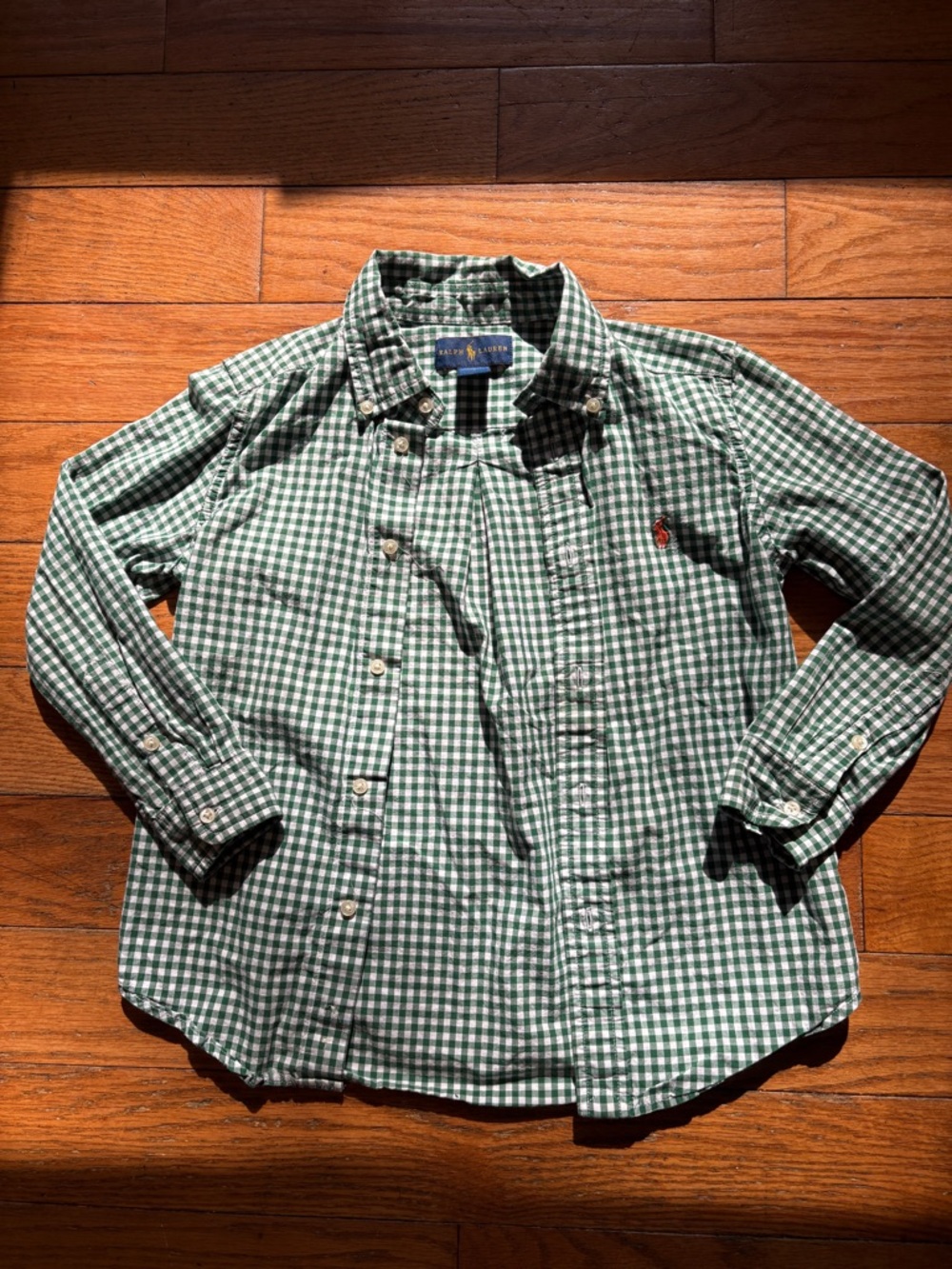 Ralph Lauren Boys Button Down Shirt Size 6 Green White Gingham Pony Logo Preppy